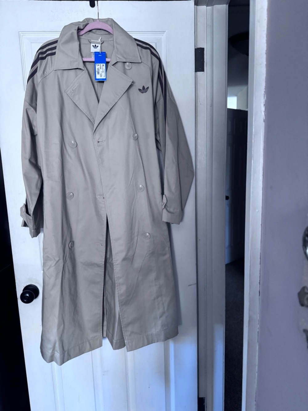 adidas Beige Double-Breasted Trench Coat with Brown Three-Stripes